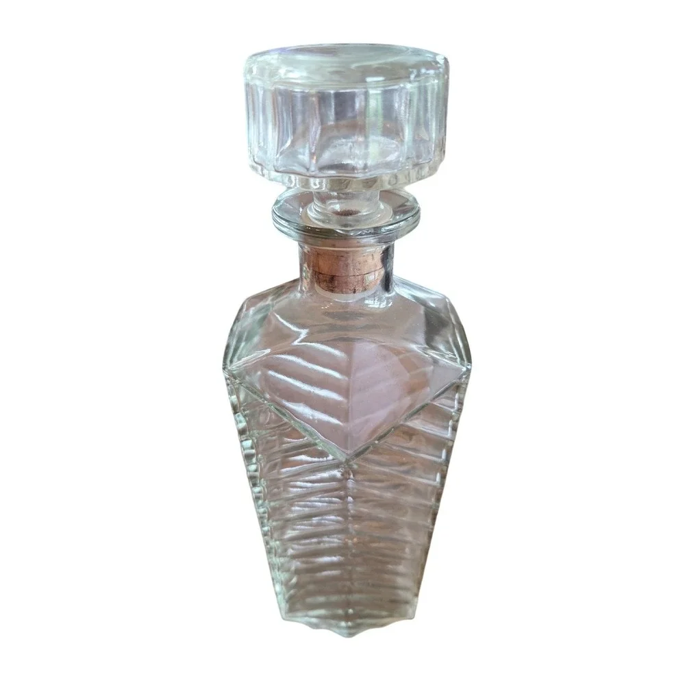 Vintage‎ Textured Chevron Glass Decanter with Faceted Cork Stopper Clear Barware